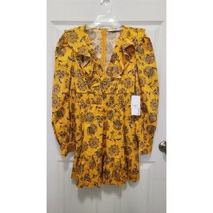 JustFab NWT Boho Yellow Mustard Floral Smocked Ruffled Vneck Long Sleeve Dress M